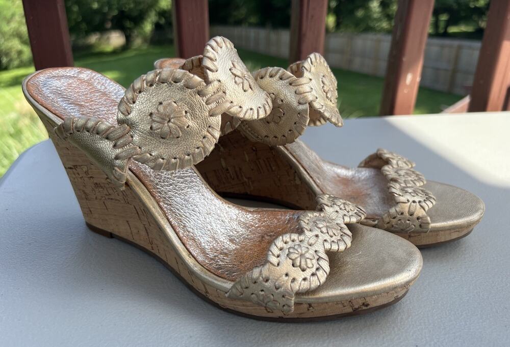Jack Rogers Luccia Gold Leather Cork Wedge Heel Women’s Sz 7 Heels Sandals